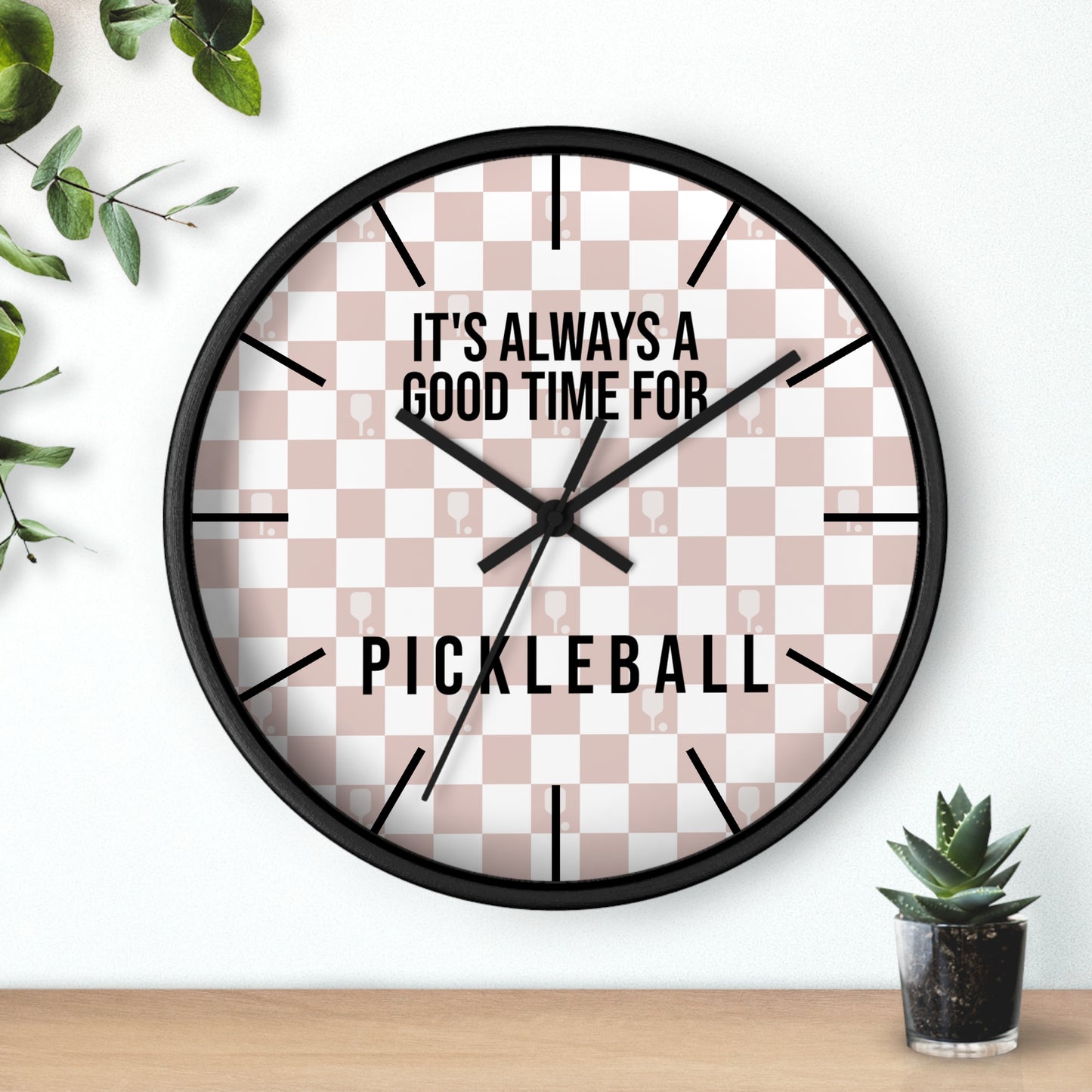 It's Always Time For Pickleball Rose Checkered Wall Clock