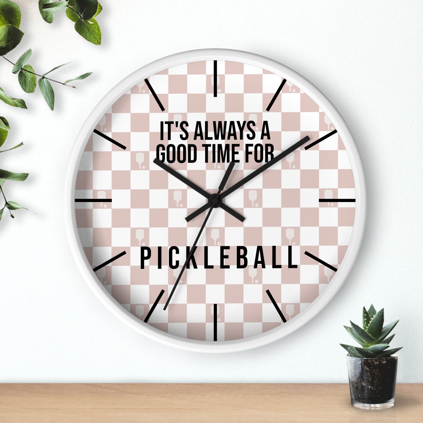 It's Always Time For Pickleball Rose Checkered Wall Clock