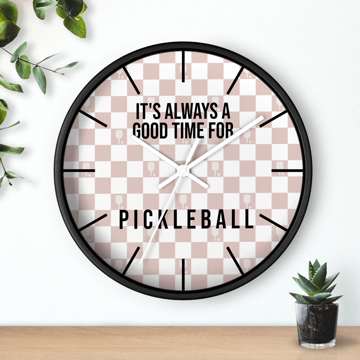 It's Always Time For Pickleball Rose Checkered Wall Clock