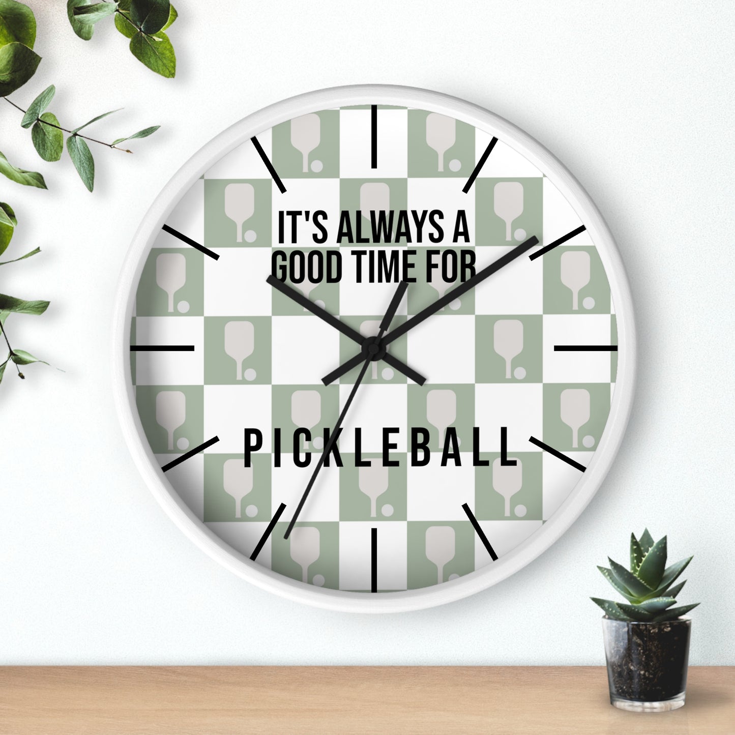 It's Always Time For Pickleball Sage Checkered Wall Clock