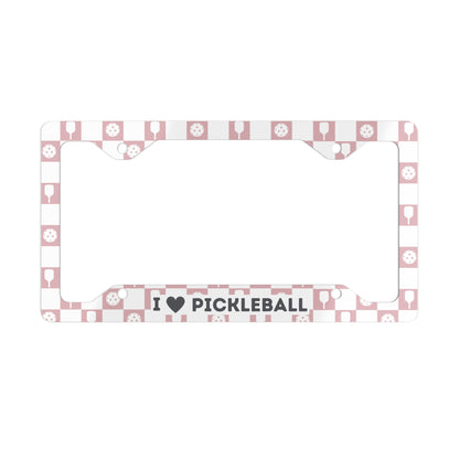 I Heart Pickleball Pink Checkered License Plate Frame