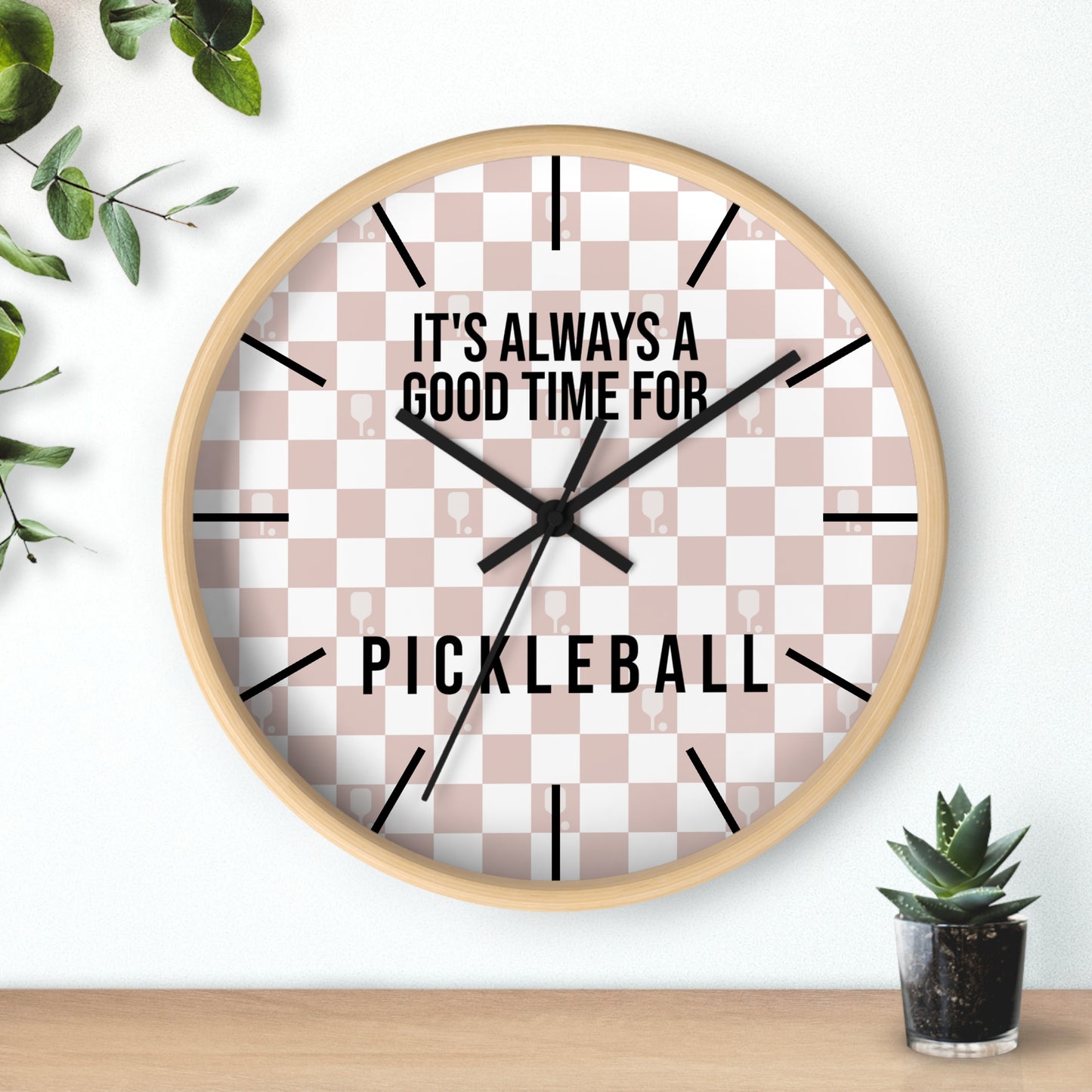 It's Always Time For Pickleball Rose Checkered Wall Clock